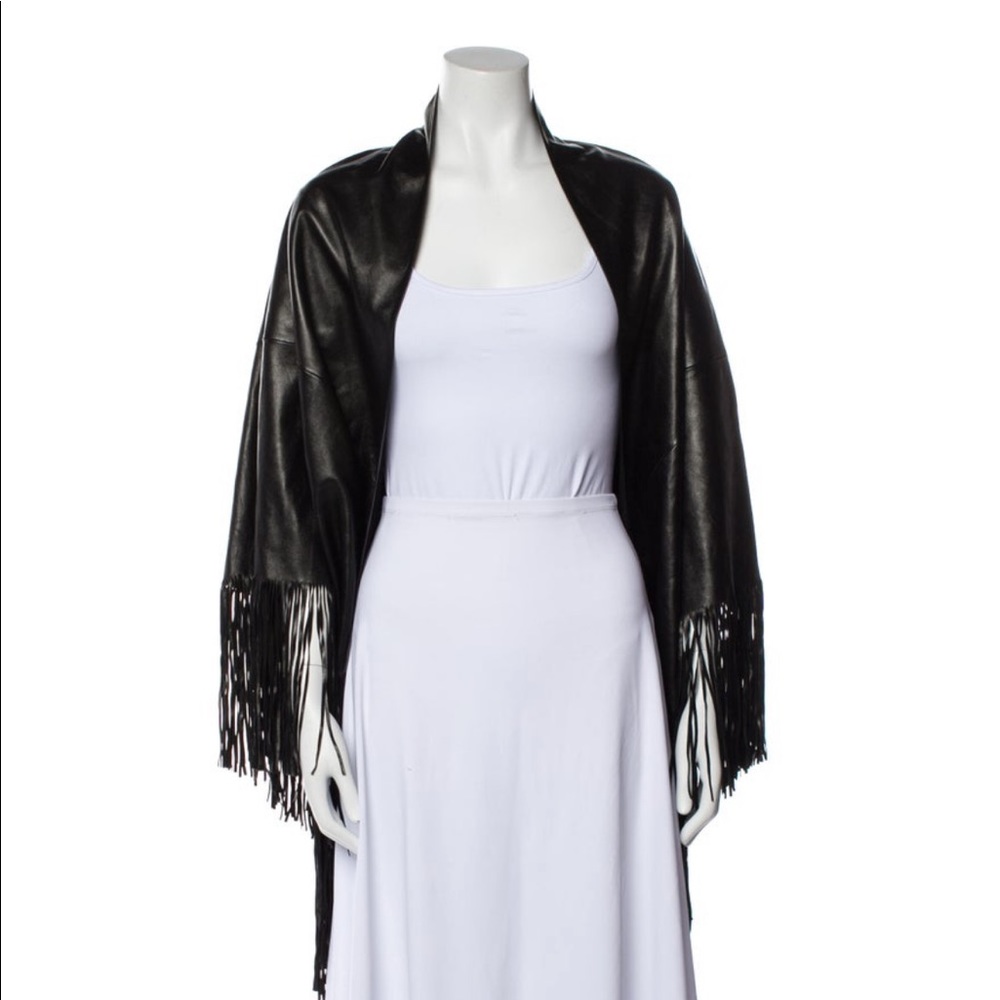 ||SOLD|| Neiman Marcus black leather fringe shawl